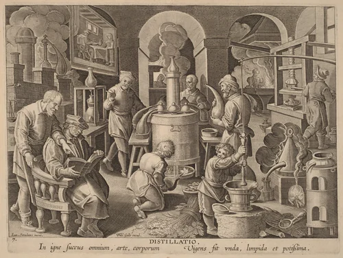 Distillatio (Distillation) by Philip Galle, print, 1585-1595