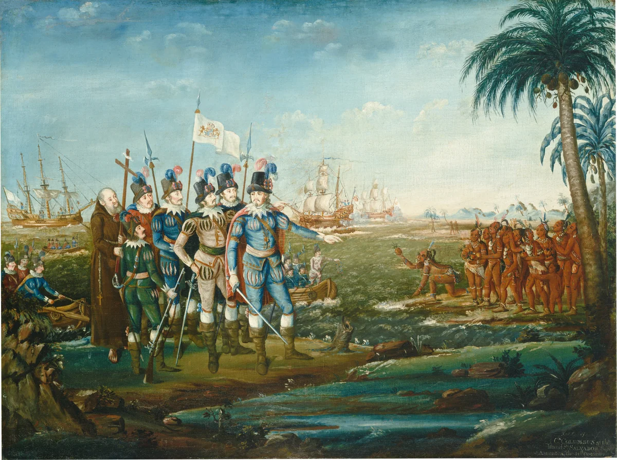 First Landing of Christopher Columbus by Frederick Kemmelmeyer, painting, 1800-1805