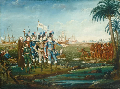 First Landing of Christopher Columbus by Frederick Kemmelmeyer, painting, 1800-1805