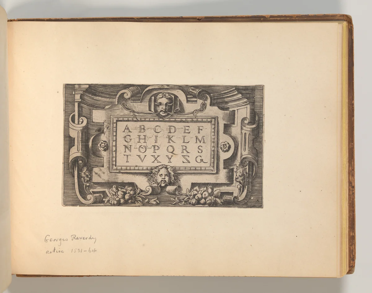 Cartouche with an Alphabet, in: Targhe ed altri ornati di varie e capricciose invenzioni (Cartouches and other ornaments of various and capricious invention, page 41) by Georges Reverdy, book, 1548-1570