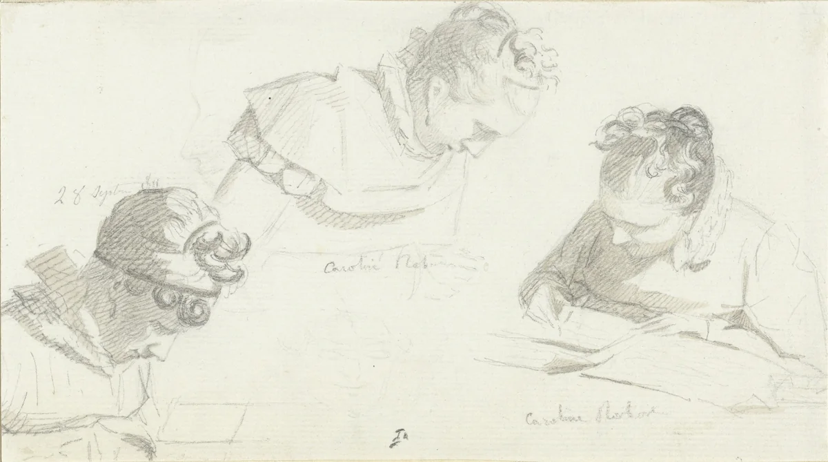 Drie schetsen van een schrijvende dame by Camille Chenou-Levesque, drawing, 1800-1900