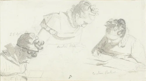 Drie schetsen van een schrijvende dame by Camille Chenou-Levesque, drawing, 1800-1900