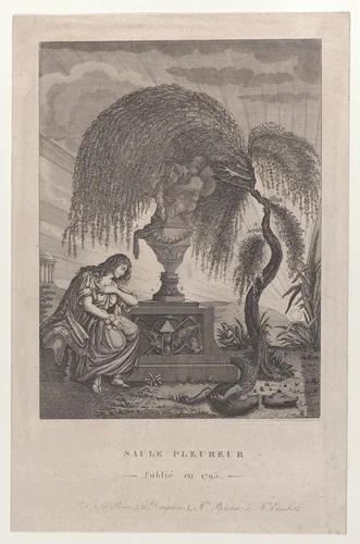 The Weeping Willow with hidden silhouettes of the Royal family by anonymous, print, 1795