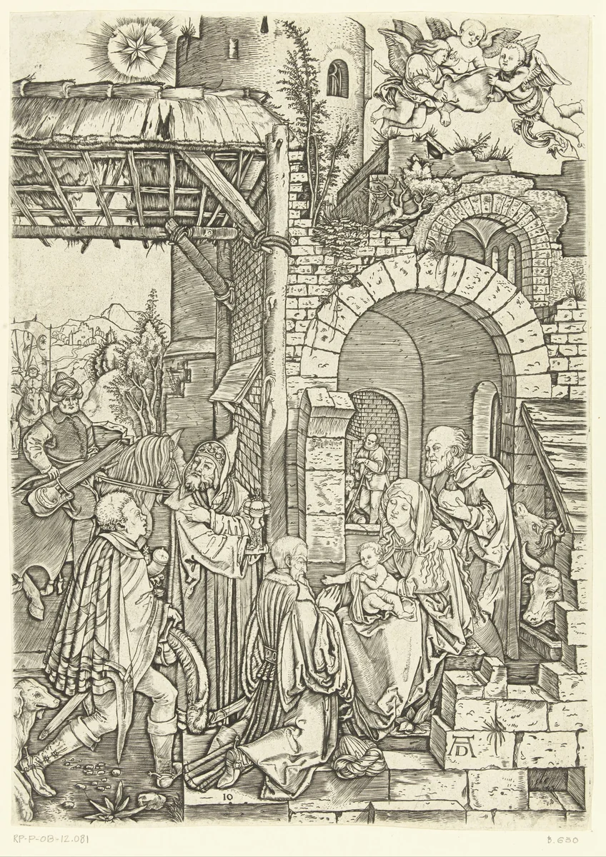 Aanbidding van Christus door drie koningen by Marcantonio Raimondi, print, 1510-1515