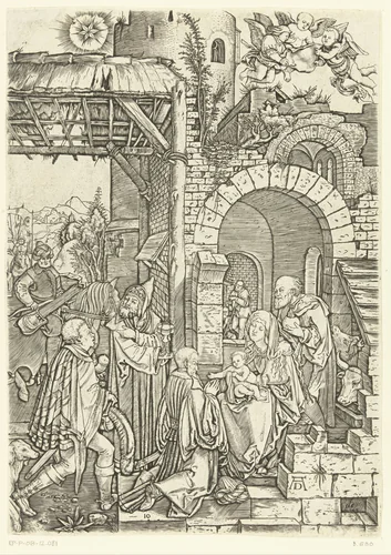Aanbidding van Christus door drie koningen by Marcantonio Raimondi, print, 1510-1515