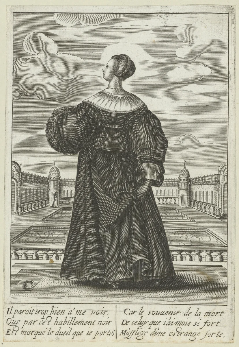 Franse dame in rouwkleding in een paleistuin by Isaac Briot, print, 1630