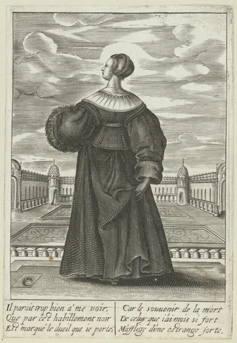 Franse dame in rouwkleding in een paleistuin by Isaac Briot, print, 1630