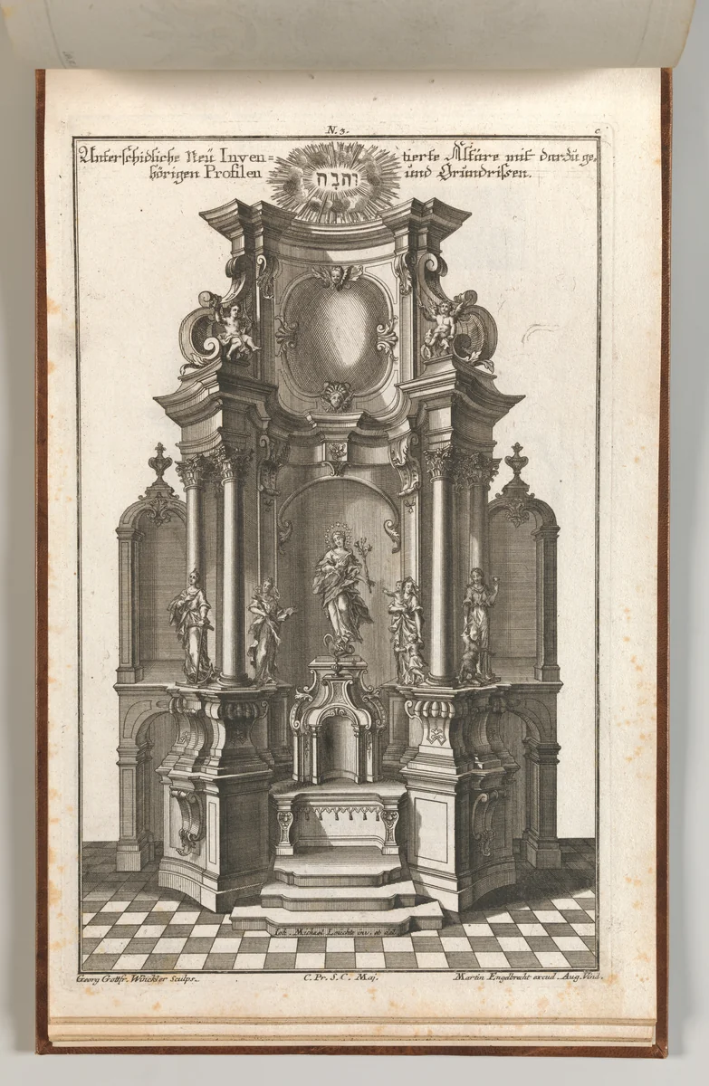 Design for a Monumental Altar, Plate c from 'Unterschiedliche Neu Inventierte Altäre mit darzu gehörigen Profillen u. Grundrißen.' by Georg Gottfried Winckler, book, 1745-1755