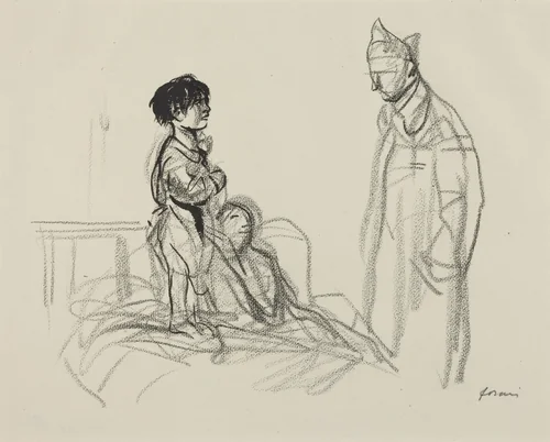 Mother and Child Visited by Soldier in Hospital by Jean-Louis Forain, drawing, 1914-1919