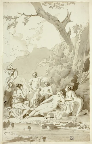 Nymphs in a Wooded Grove by Juan Cristobal, drawing, 1690-1830