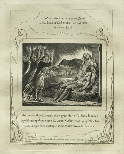 The Book of Job: Pl. 7, And when they lifted up their eyes afar off and knew him not / they lifted up their voices and wept by William Blake, print, 1825