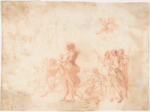 Group of Standing and Seated Female Figures (recto); Costumed Female Figure (verso) by Francesco Allegrini, drawing, 1624-1663