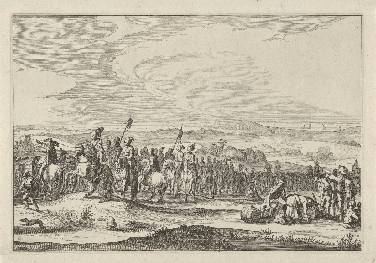 Ruiters en voetvolk bij het vertrek van het Spaanse garnizoen uit Gennep by Pieter Nolpe, print, 1641