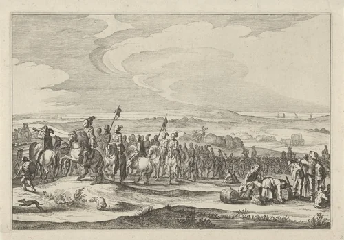 Ruiters en voetvolk bij het vertrek van het Spaanse garnizoen uit Gennep by Pieter Nolpe, print, 1641