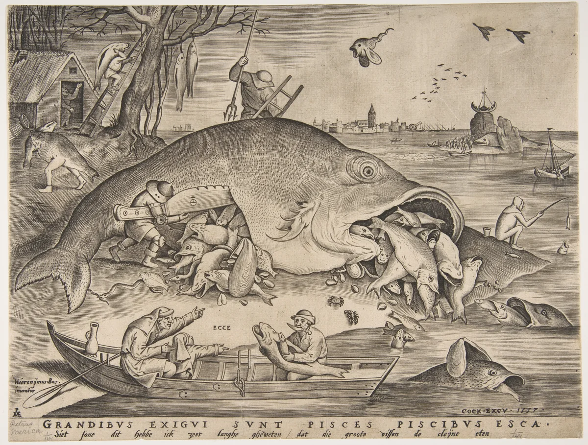 Big Fish Eat Little Fish by Pieter van der Heyden, print, 1557
