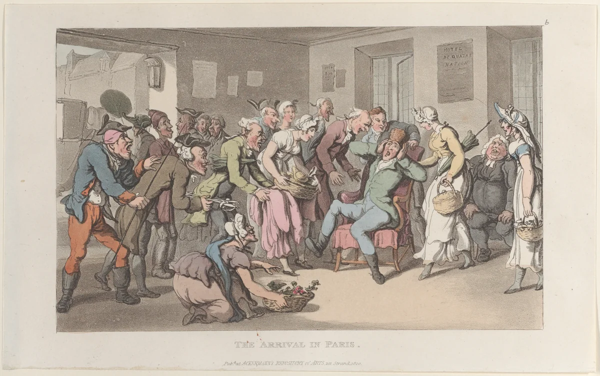 The Arrival in Paris, from "Journal of Sentimental Travels in the Southern Provinces of France, Shortly Before the Revolution" by Thomas Rowlandson, print, 1820