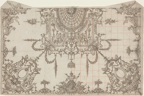 An Elaborate Ceiling with Trellises and Seated Figures by Jean Bérain, drawing, 1700