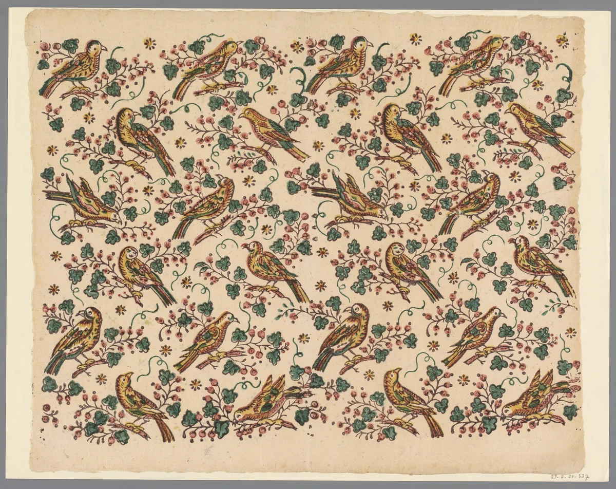 Blad met vogels op tak met bessen by anonymous, print, 1700-1850