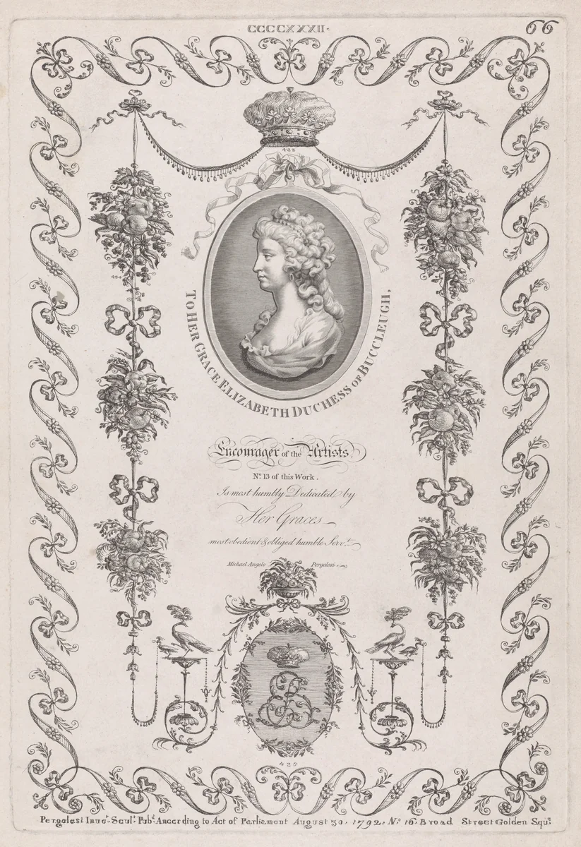 Portrait of the Duchess of Buccleugh and Ornament, nos. CCCCXXXII, 433, 435, plate 66 from "Designs for Various Ornaments" by Michelangelo Pergolesi, print, 1792