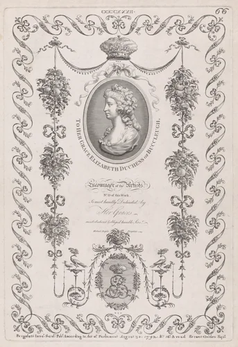 Portrait of the Duchess of Buccleugh and Ornament, nos. CCCCXXXII, 433, 435, plate 66 from "Designs for Various Ornaments" by Michelangelo Pergolesi, print, 1792