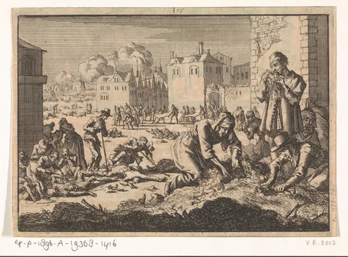 Hongersnood tijdens het beleg van La Rochelle, 1628 by Jan Luyken, print, 1698
