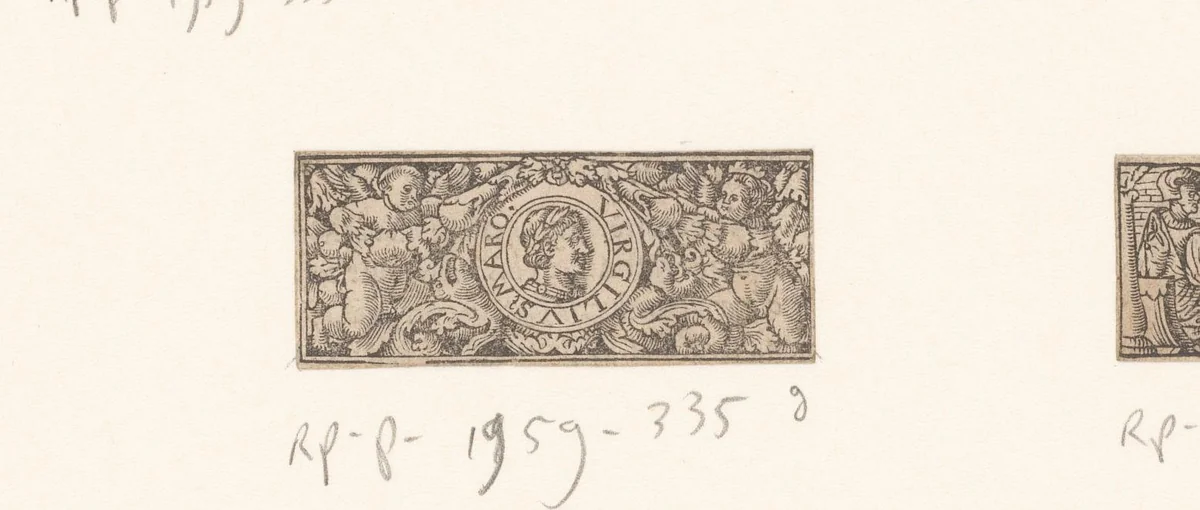 Ornament met portret van Publius Virgilius Maro in medaillon by anonymous, print, 1500-1599