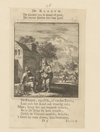 Jongen toont zijn vriend een gevonden voorwerp by Jan Luyken, print, 1712