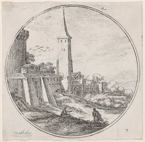 Plate 2: two figures outside of the walls of a town, a tower at center by Lodovico Mattioli, print, 1680-1747