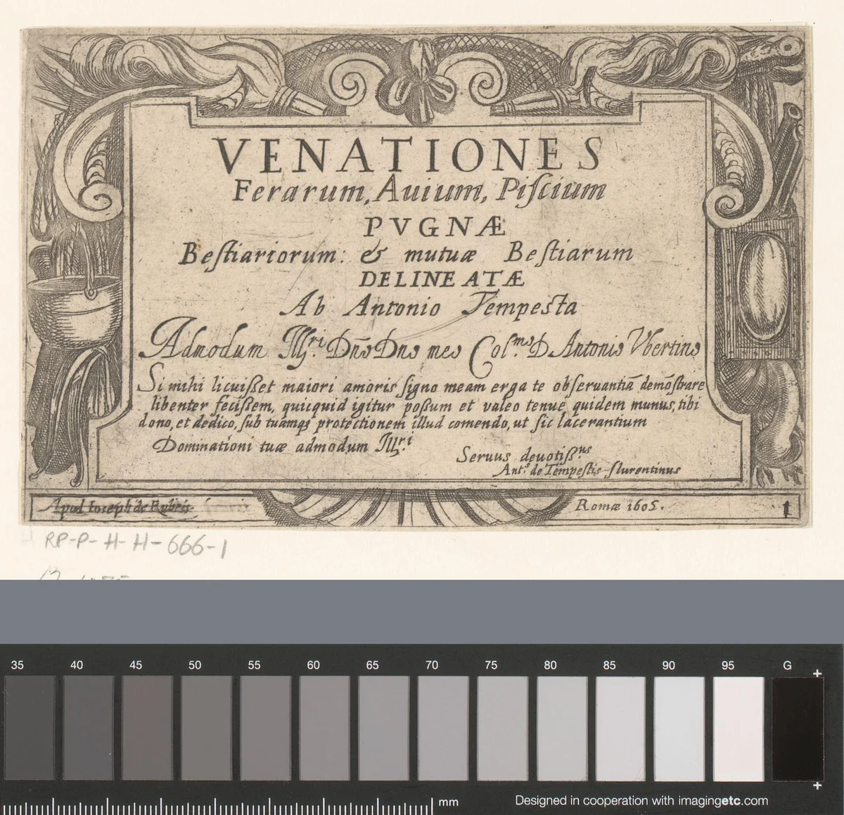 Titelprent met cartouche met attributen voor de jacht by Antonio Tempesta, print, 1605