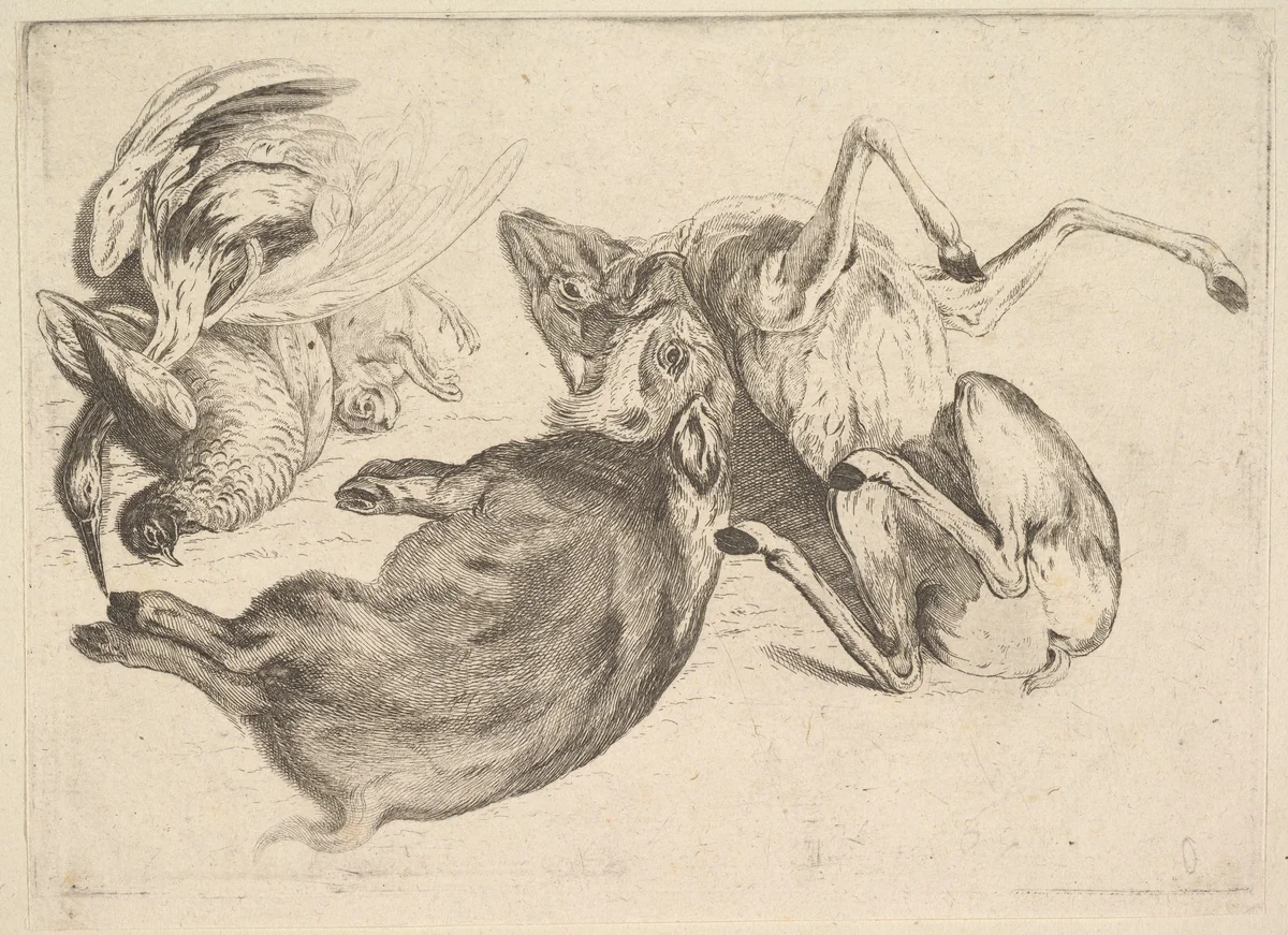 Boar, deer, heron and other game by Wenceslaus Hollar, print, 1647