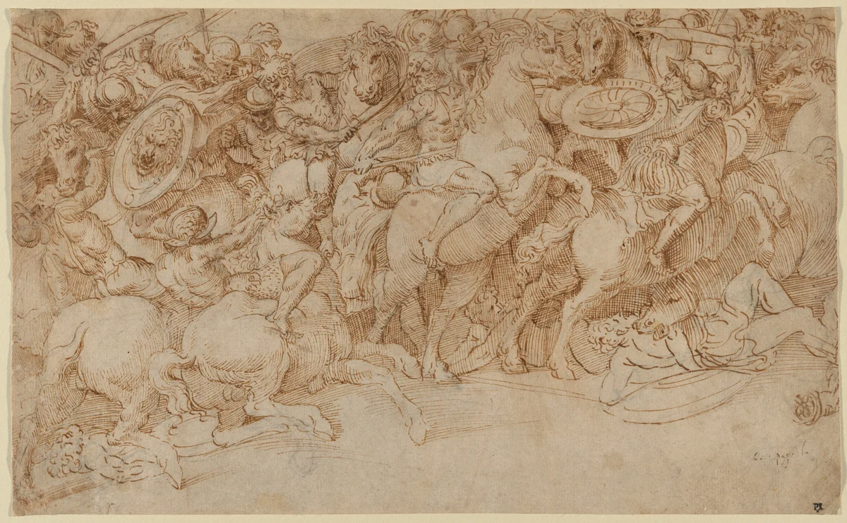 A Battle on Horseback by Domenico Campagnola, drawing, 1510-1519