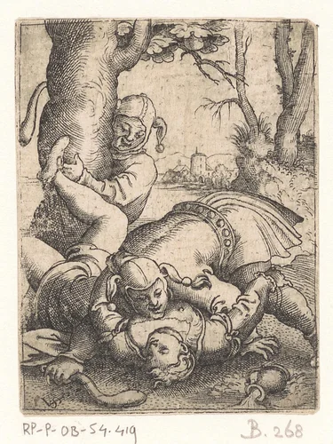 Vrouw aangevallen door twee narren by Unknown, print, 1524-1562