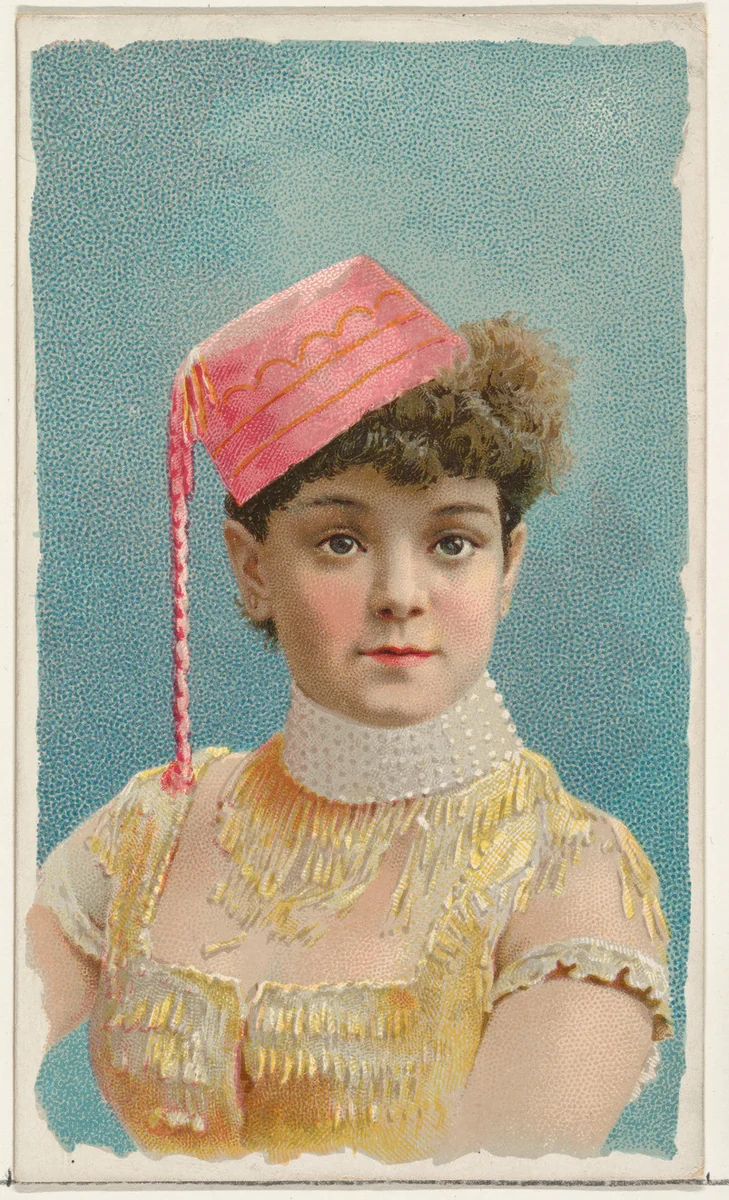 Actress wearing pink fez, from Stars of the Stage, First Series (N129) issued by W. Duke, Sons & Co. to promote Honest Long Cut Tobacco by W. Duke, Sons & Co., print, 1890