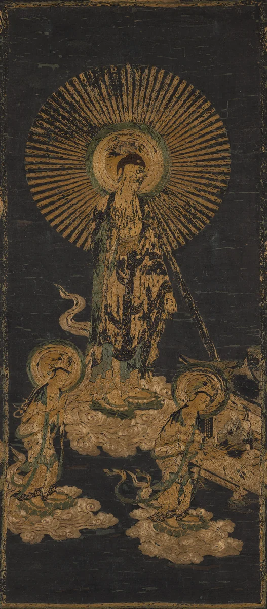 Embroidered Welcoming Descent of Amida Triad by Unknown, textile, 1400-1499