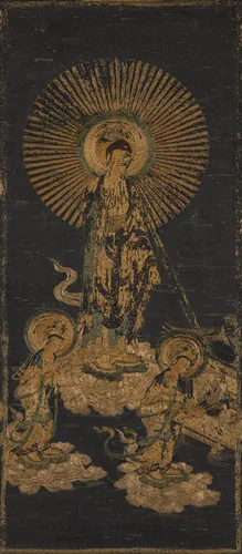 Embroidered Welcoming Descent of Amida Triad by Unknown, textile, 1400-1499