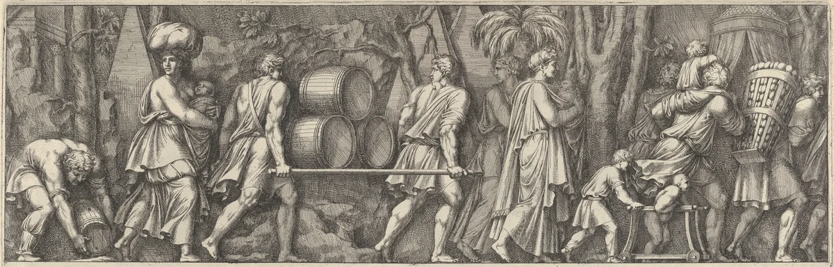 Plate 3: various figures transporting materials, walking to the right by Pietro Santi Bartoli, print, 1655-1665
