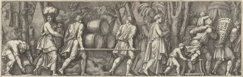 Plate 3: various figures transporting materials, walking to the right by Pietro Santi Bartoli, print, 1655-1665