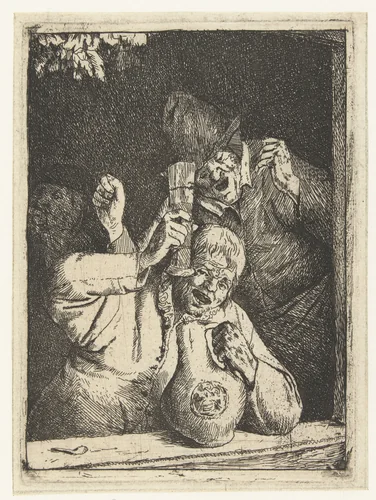 Twee dronken mannen in een raamopening by Cornelis Dusart, print, 1685