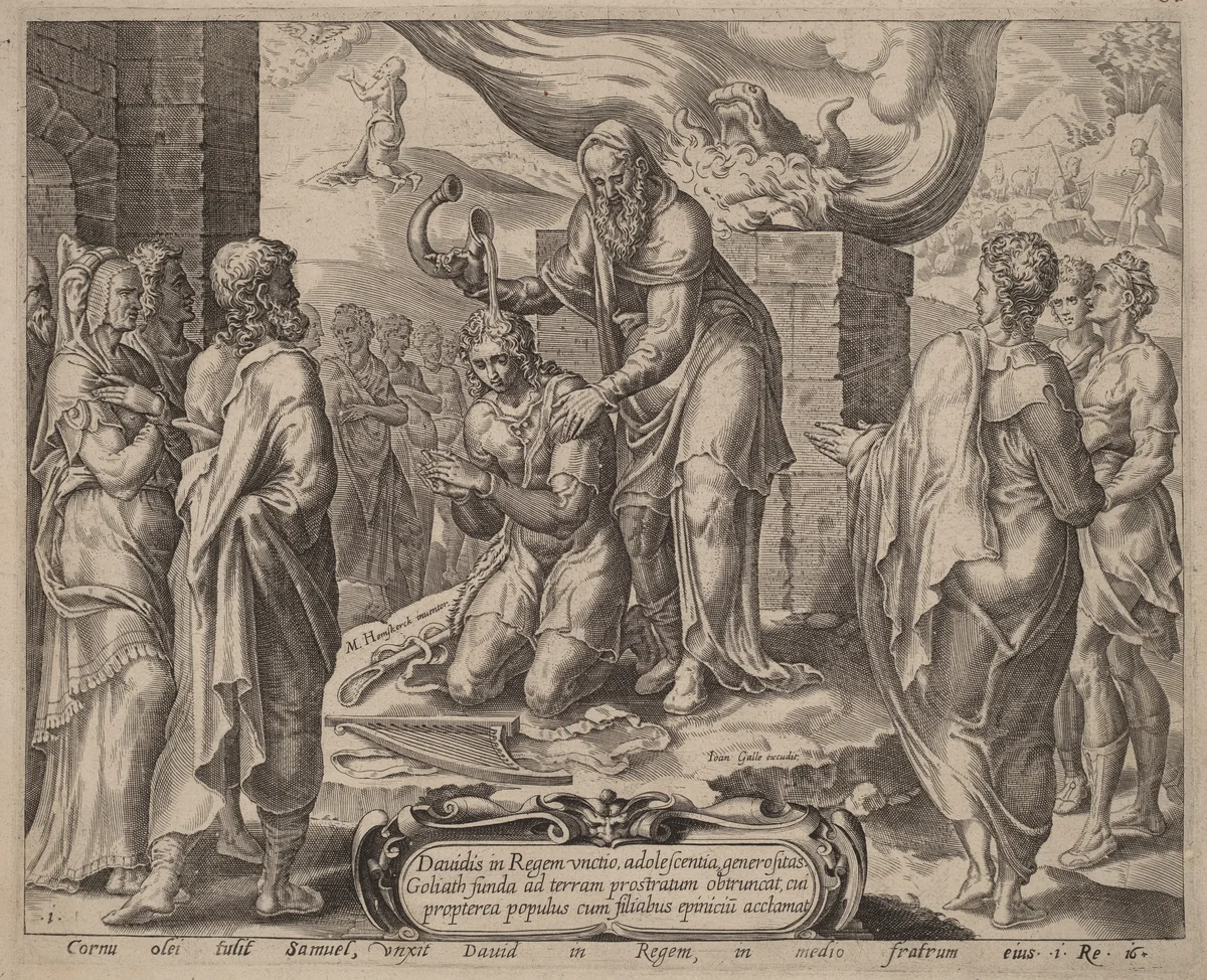 Samuel Anointing David by Joannes Galle, print, 1556