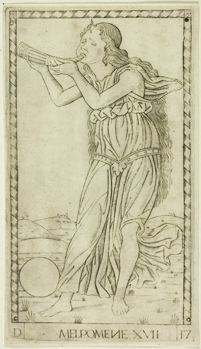 Melpomene, plate seventeen from Apollo and the Muses by Master of the E-Series Tarocchi, print, 1460-1470