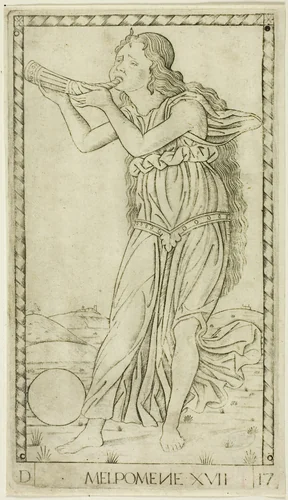 Melpomene, plate seventeen from Apollo and the Muses by Master of the E-Series Tarocchi, print, 1460-1470