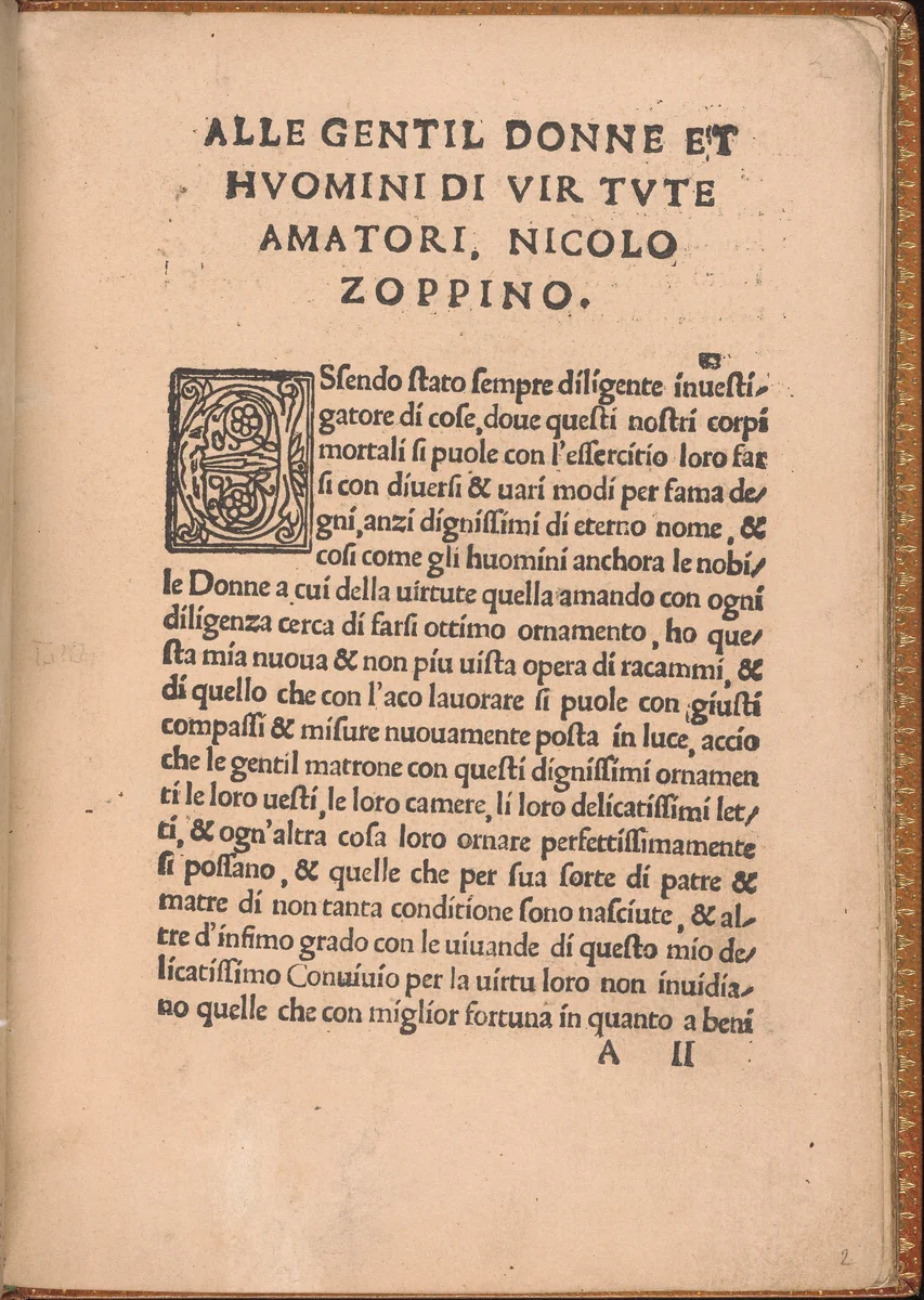 Convivio delle Belle Donne, page 2 (recto) by Nicolò Zoppino, book, 1532
