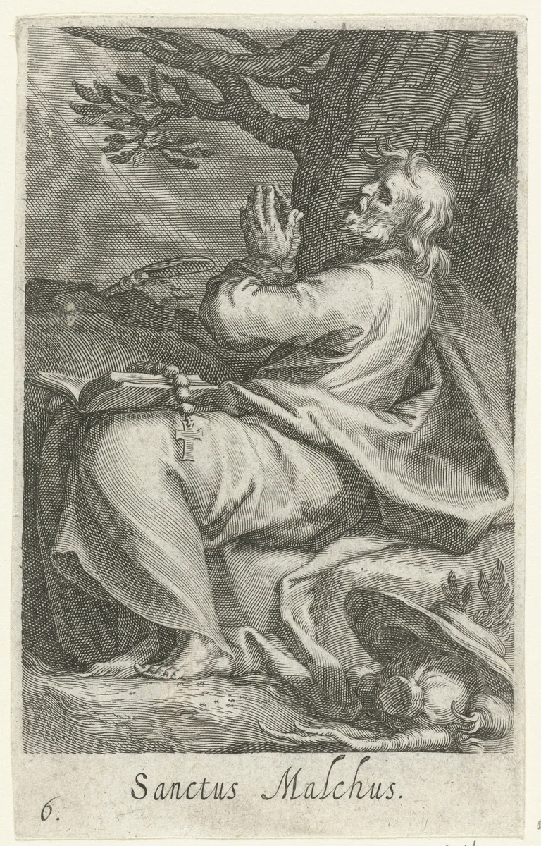 Heilige Malchus van Chalcis als kluizenaar by Boëtius Adamsz. Bolswert, print, 1590-1612