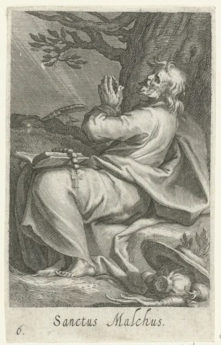 Heilige Malchus van Chalcis als kluizenaar by Boëtius Adamsz. Bolswert, print, 1590-1612