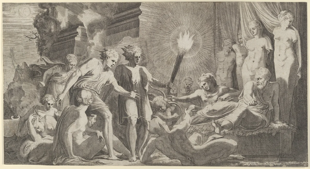 Hercules surprising Fanus who mistook him for Omphale by Léon Davent, print, 1540-1556