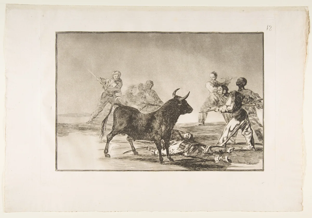 Plate 12 from "La Tauromaquia": The crowd hamstrings the bull with lances, sickles, banderillas and other arms by Goya, print, 1816