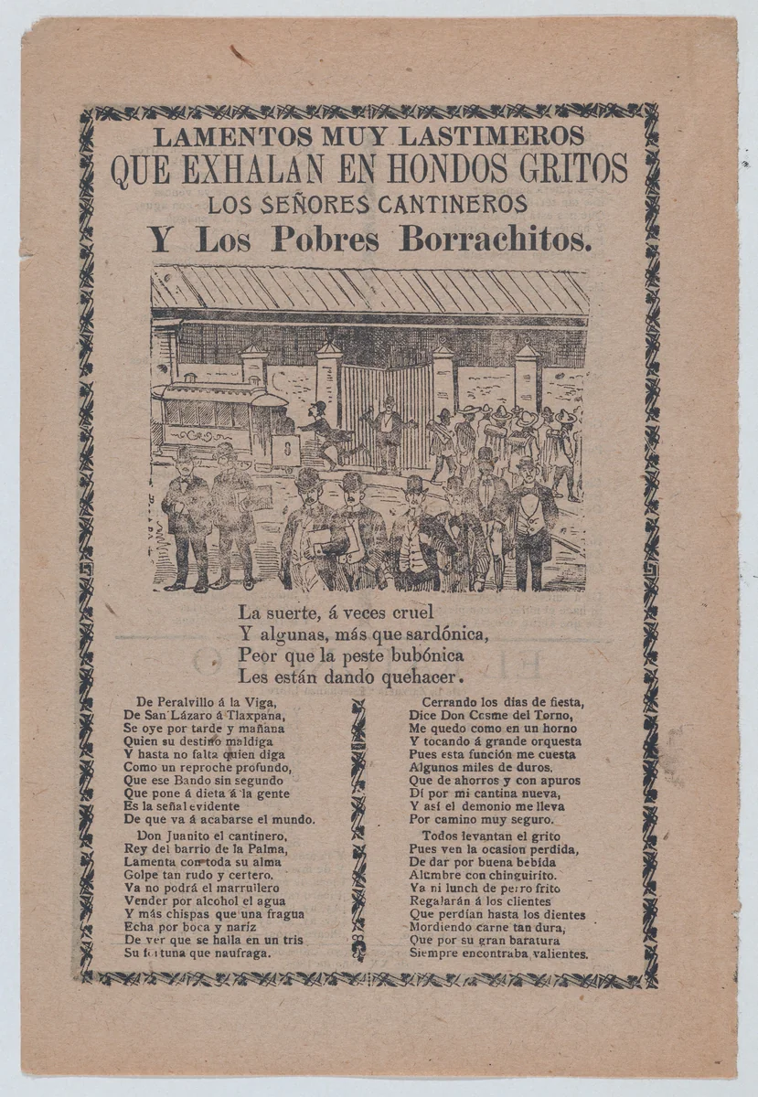 Broadsheet relating to men who frequent bars, different groups of men walking in the streets and one man running after a trolley car by José Guadalupe Posada, print, 1898-1908