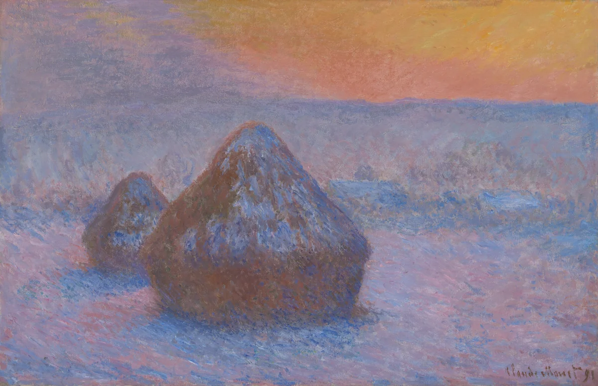 Stacks of Wheat (Sunset, Snow Effect) by Claude Monet, painting, 1890-1891