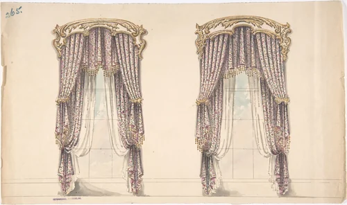Design for Pink, Mauve and White Floral Curtains with a Gold and White Pediment by anonymous, drawing, 1815-1840
