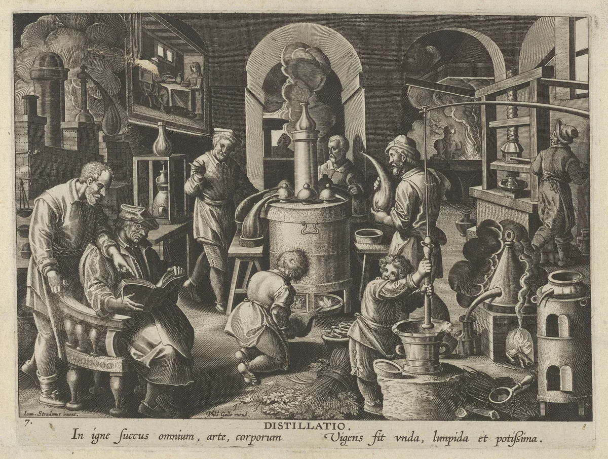 New Inventions of Modern Times [Nova Reperta], The Invention of Distillation, plate 7 by Jan Collaert, print, 1595-1605